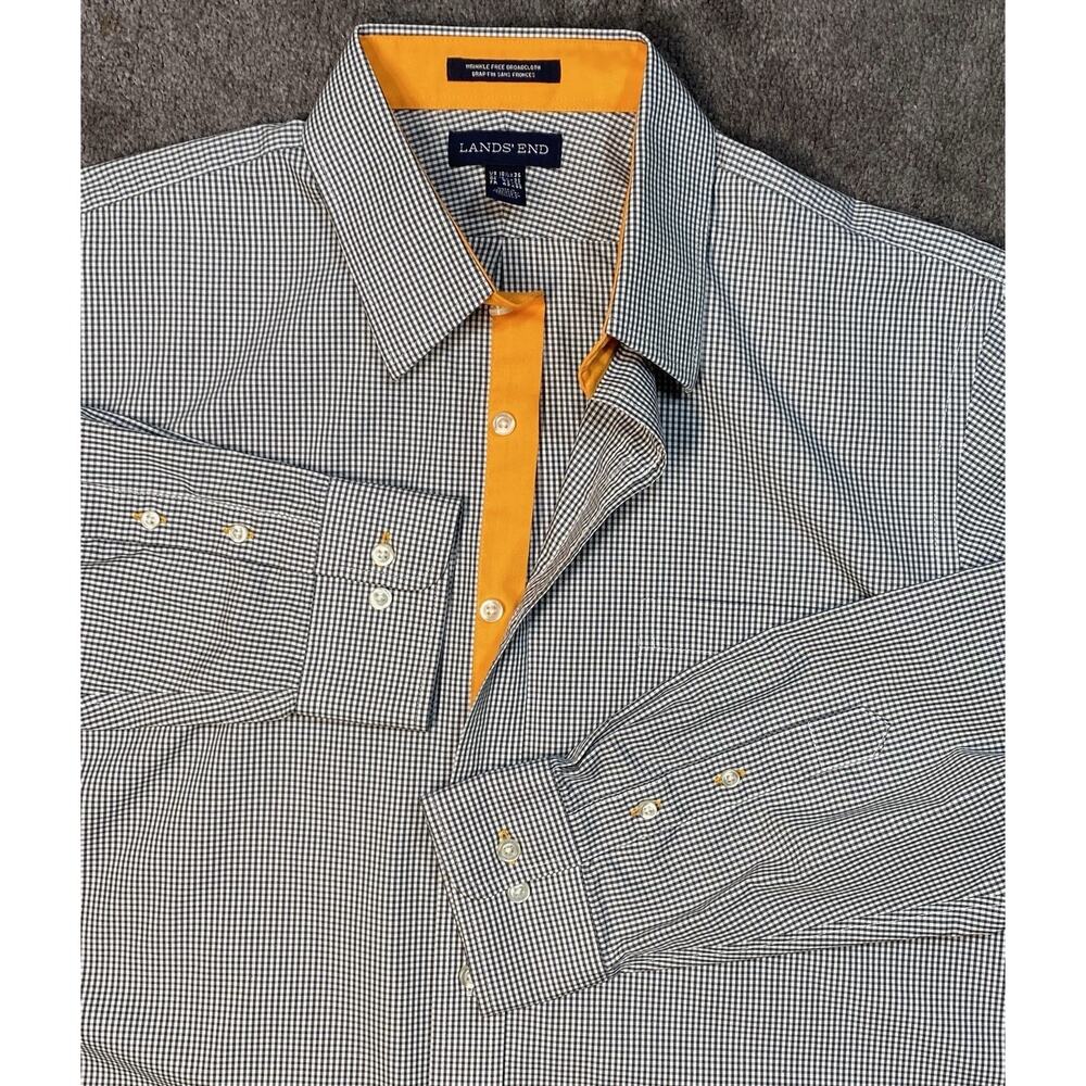Lands‎ End Men's Large Wrinkle Free LS Shirt Black Gingham Check  w/ Orange Trim - Picture 4 of 12